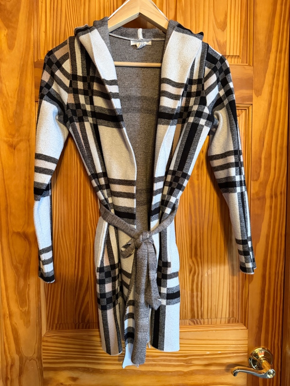 Christian Siriano Plaid Hooded Open Cardigan With Belt- Black, Gray, Cream